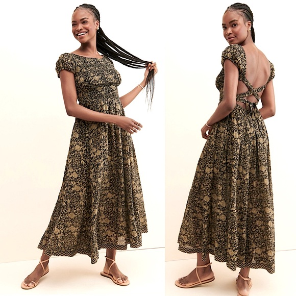 Free People Ultraviolet Ruched Detail Open Back Boho Maxi Dress Black Tan Large - Picture 2 of 15